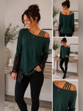 SHEIN Emerald Green Off Shoulder Lace Sleeve Top Size Small